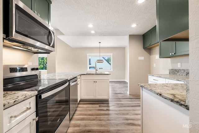 kitchen with sink, decorative light fixtures, stainless steel appliances, and green cabinets