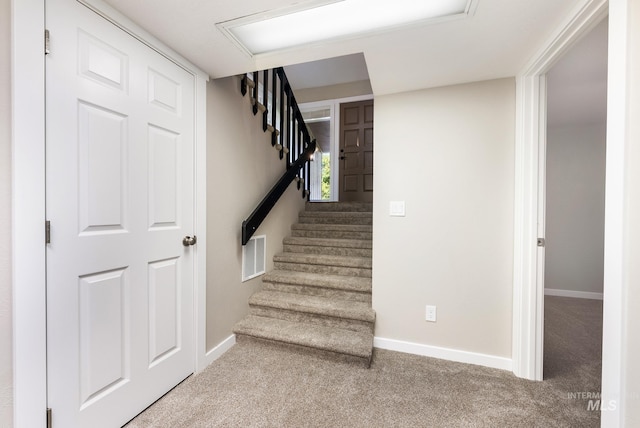 staircase featuring carpet flooring