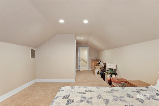 bedroom featuring lofted ceiling, recessed lighting, light colored carpet, visible vents, and baseboards