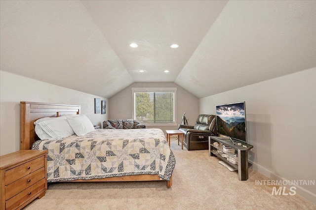 bedroom featuring recessed lighting, light colored carpet, vaulted ceiling, a textured ceiling, and baseboards