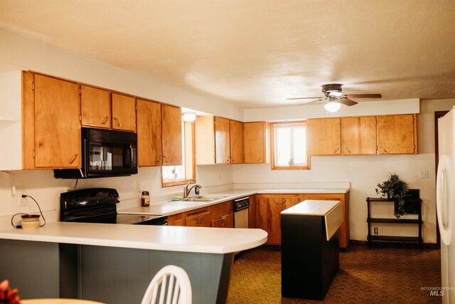 421 Hill St, Grangeville, ID 83530 - kitchen featuring black appliances, a peninsula, plenty of natural light, and ceiling fan