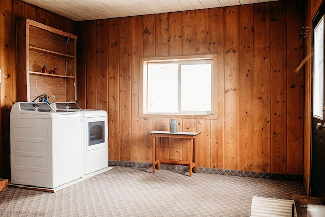 421 Hill St, Grangeville, ID 83530 - laundry room featuring washer and dryer, carpet, and wood walls