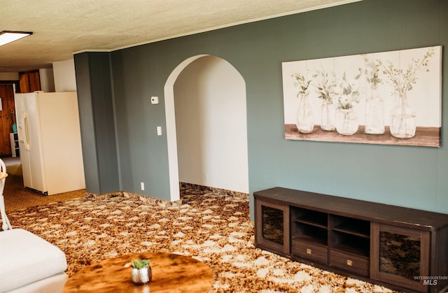 421 Hill St, Grangeville, ID 83530 - unfurnished living room with arched walkways, carpet, crown molding, and a textured ceiling