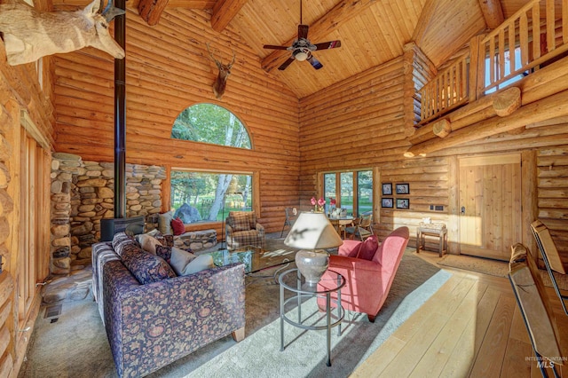 1301 Glen Aspen Dr, Bellevue, ID 83313 - living room with high vaulted ceiling, a wood stove, rustic walls, hardwood / wood-style flooring, and ceiling fan