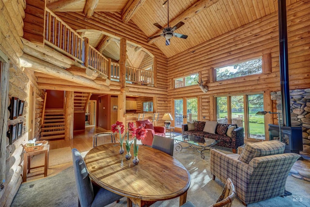 1301 Glen Aspen Dr, Bellevue, ID 83313 - living room featuring high vaulted ceiling, a wood stove, ceiling fan, stairway, and wooden ceiling with exposed beams