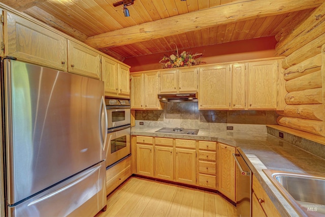 1301 Glen Aspen Dr, Bellevue, ID 83313 - kitchen featuring stainless steel appliances, rustic walls, wooden ceiling with exposed beams, backsplash, and light brown cabinets