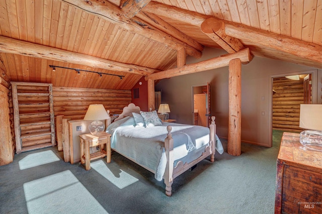 1301 Glen Aspen Dr, Bellevue, ID 83313 - bedroom with wood ceiling, rustic walls, and carpet floors