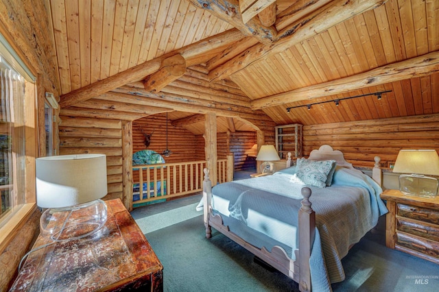 1301 Glen Aspen Dr, Bellevue, ID 83313 - bedroom featuring log walls, wood ceiling, and carpet floors