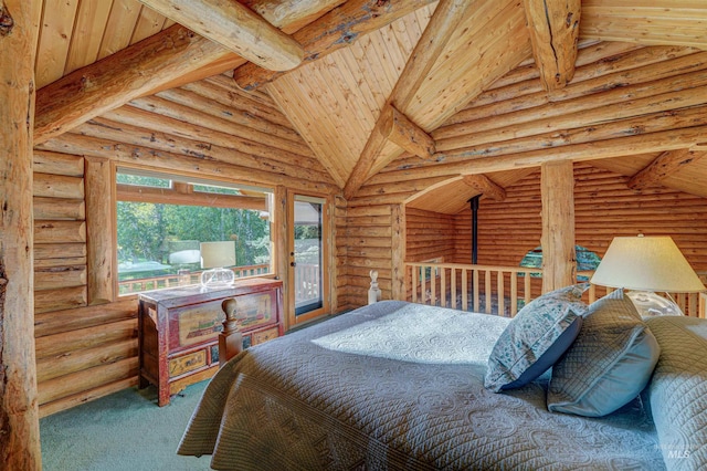 1301 Glen Aspen Dr, Bellevue, ID 83313 - bedroom with access to outside, carpet, log walls, wooden ceiling with exposed beams, and high vaulted ceiling