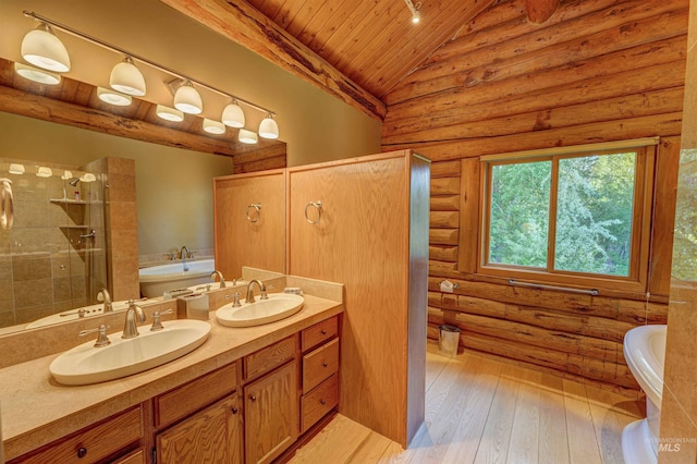 1301 Glen Aspen Dr, Bellevue, ID 83313 - bathroom featuring wood ceiling, rustic walls, a soaking tub, lofted ceiling, and a shower stall