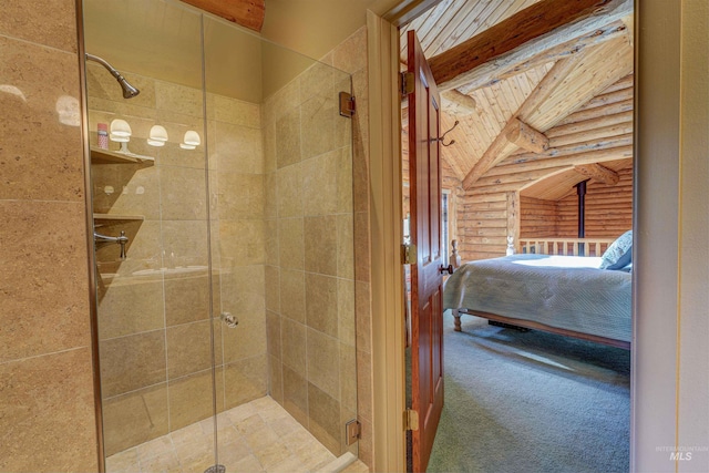 1301 Glen Aspen Dr, Bellevue, ID 83313 - full bathroom with rustic walls, a shower stall, ensuite bathroom, and wood ceiling