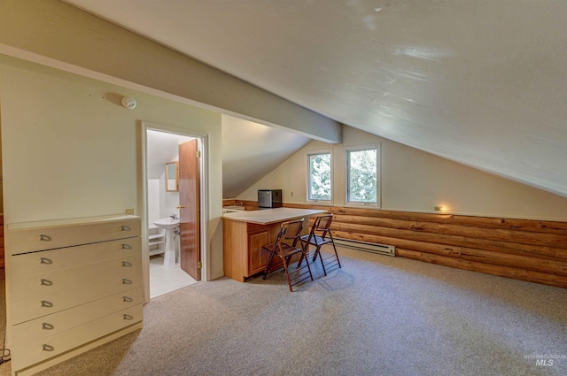 1301 Glen Aspen Dr, Bellevue, ID 83313 - additional living space with light carpet and rustic walls