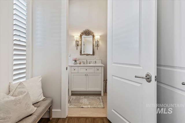 bathroom with wood finished floors and vanity