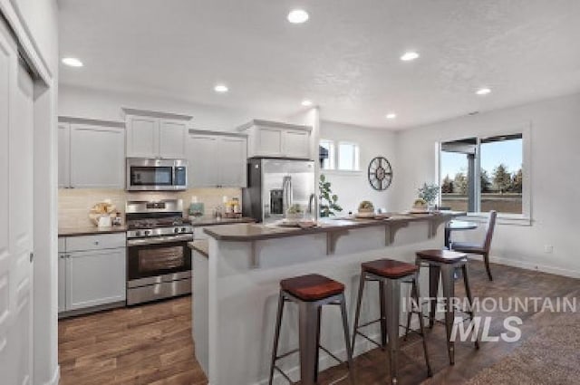 kitchen featuring dark wood-type flooring, a breakfast bar area, stainless steel appliances, a kitchen island with sink, and backsplash