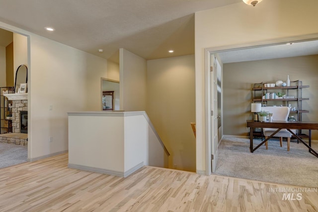 9407 W Pebblestream Dr, Boise, ID 83709 - corridor with an upstairs landing, wood finished floors, recessed lighting, and an office area