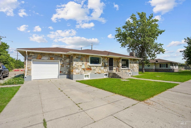 1520 R St, Heyburn, ID 83336 - view of front of property with stone siding, an attached garage, driveway, and a front yard