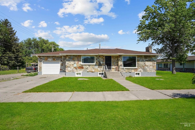 1520 R St, Heyburn, ID 83336 - view of front of house featuring stone siding, a chimney, a garage, a front yard, and concrete driveway