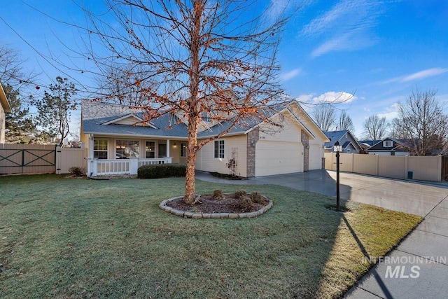 ranch-style house with a front lawn, a porch, and a garage