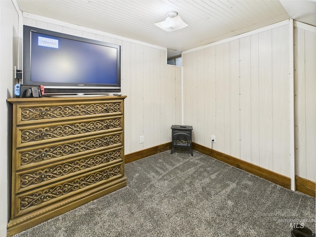 143 Timberline Dr, Pierce, ID 83546 - basement featuring carpet floors, baseboards, wood walls, and a wood stove