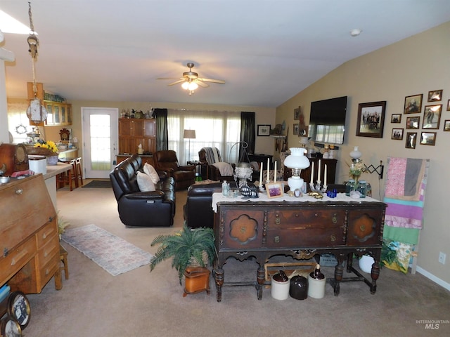 26737 Chips Ln, Parma, ID 83668 - carpeted living area featuring healthy amount of natural light, a ceiling fan, and vaulted ceiling