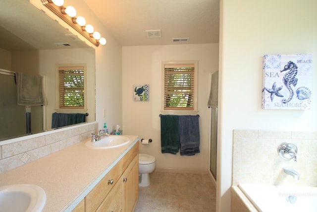 1491 N Millstream Ct, Nampa, ID 83686 - full bathroom featuring double vanity, a shower stall, a garden tub, and tasteful backsplash