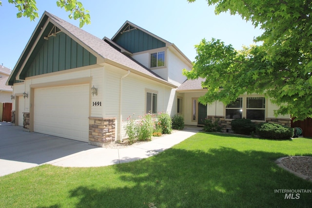 1491 N Millstream Ct, Nampa, ID 83686 - craftsman-style home with board and batten siding, stone siding, a garage, a front yard, and roof with shingles