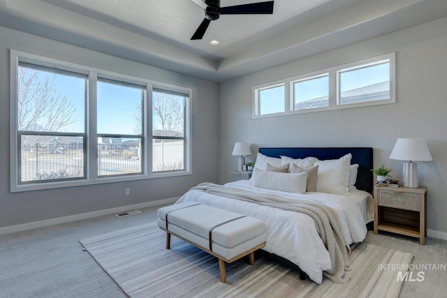 bedroom featuring recessed lighting, light colored carpet, visible vents, ceiling fan, and baseboards