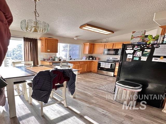 kitchen featuring vaulted ceiling, plenty of natural light, pendant lighting, and black appliances