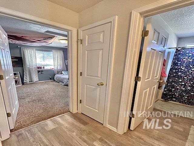 hall with light colored carpet and a textured ceiling