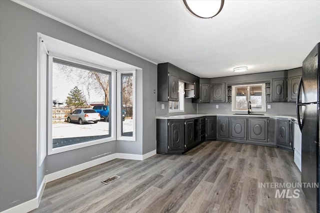 kitchen with gray cabinetry, black fridge, hardwood / wood-style floors, and sink