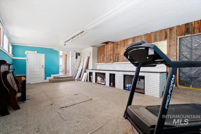 workout room with wooden walls