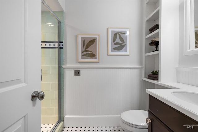 876 E Pennsylvania Ln, Boise, ID 83706 - full bathroom with a shower stall, a wainscoted wall, vanity, and toilet