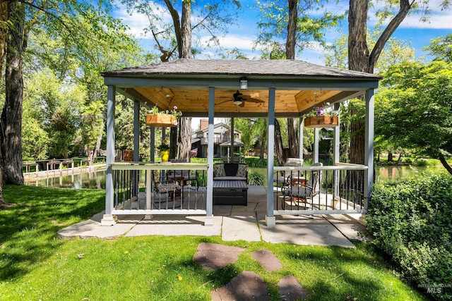 876 E Pennsylvania Ln, Boise, ID 83706 - view of patio / terrace with a gazebo, ceiling fan, and a water view
