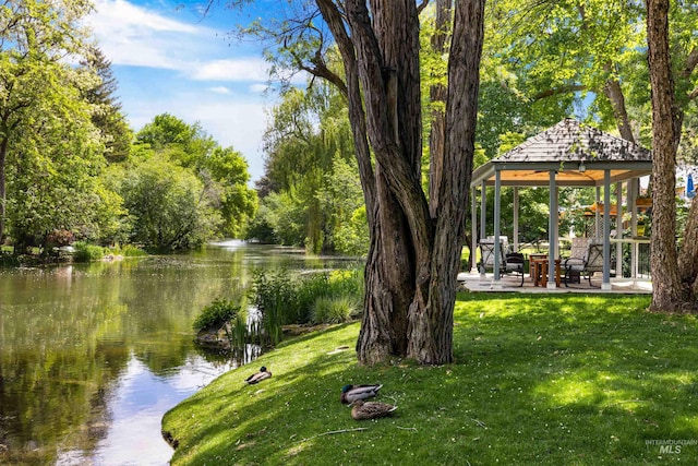 876 E Pennsylvania Ln, Boise, ID 83706 - view of property's community with a gazebo, a lawn, a water view, and a patio area