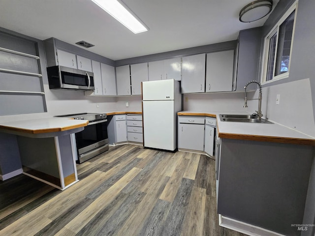 kitchen with a sink, light countertops, light wood-style flooring, and stainless steel appliances