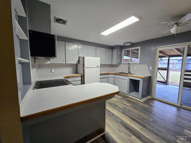 kitchen featuring a sink, black range with electric cooktop, dark wood-style floors, freestanding refrigerator, and dishwashing machine