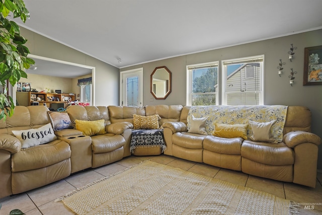 tiled living room with lofted ceiling