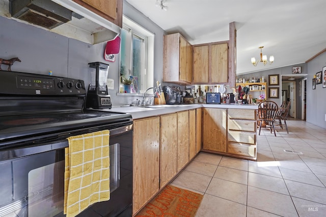 kitchen with pendant lighting, black electric range oven, light tile patterned floors, a chandelier, and vaulted ceiling