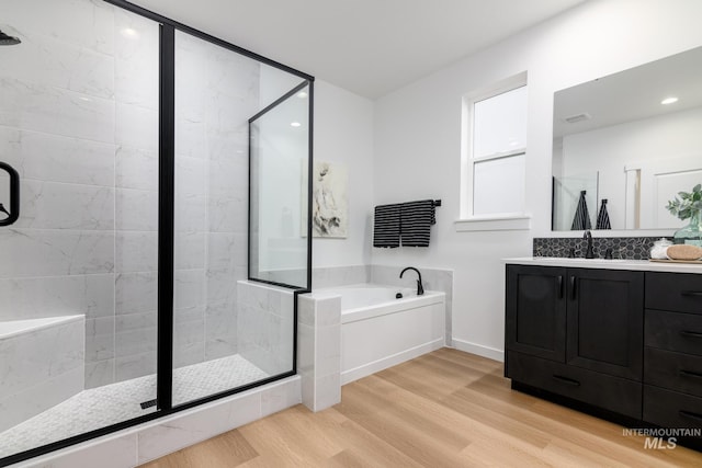 bathroom with wood-type flooring, plus walk in shower, and vanity