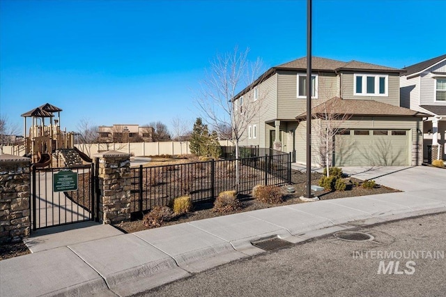 view of property exterior featuring a playground and a garage