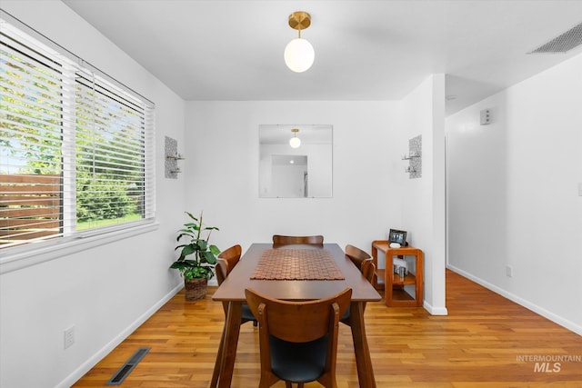 dining room featuring light wood-style floors, visible vents, and baseboards