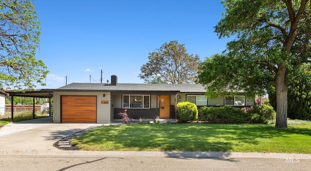 ranch-style house with a front lawn, fence, a garage, a carport, and driveway