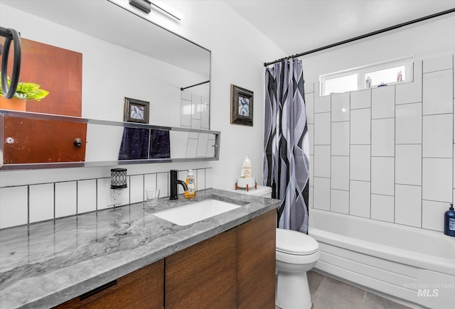 full bath featuring shower / bath combination with curtain, toilet, and vanity