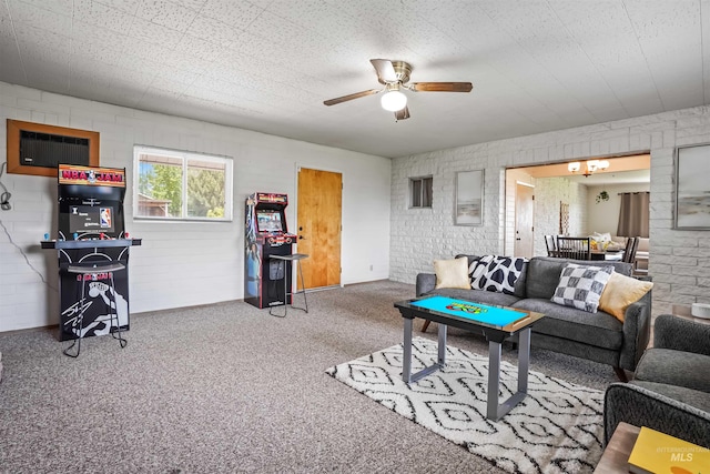 living room with carpet flooring and ceiling fan