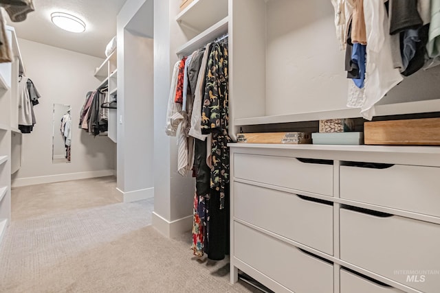 walk in closet with light carpet