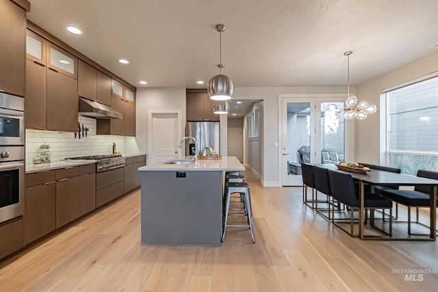 kitchen featuring sink, hanging light fixtures, a kitchen island with sink, appliances with stainless steel finishes, and light wood-type flooring