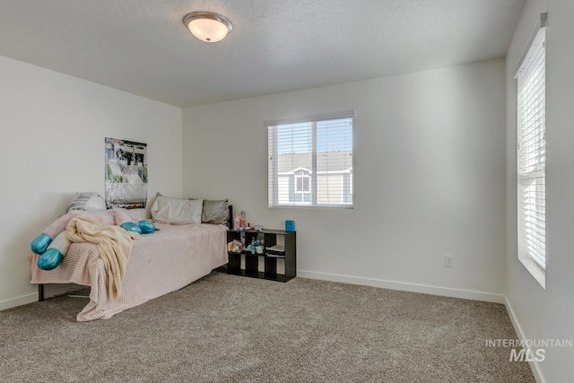 bedroom featuring baseboards, carpet, and a textured ceiling