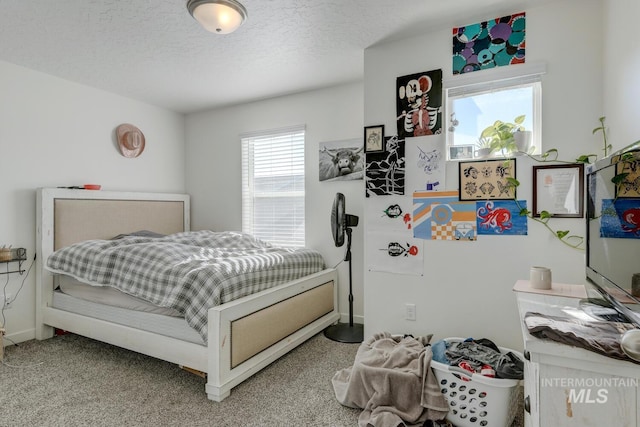 carpeted bedroom with a textured ceiling