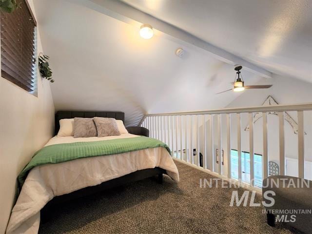 bedroom featuring ceiling fan, carpet floors, and vaulted ceiling with beams