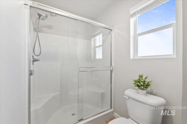 bathroom featuring toilet and a shower stall